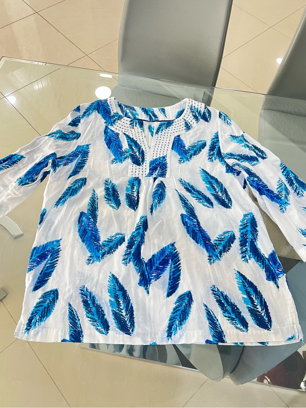 Signature by Sangria Women's White Blue Feather Print Tunic 3/4 Sleeve size XL